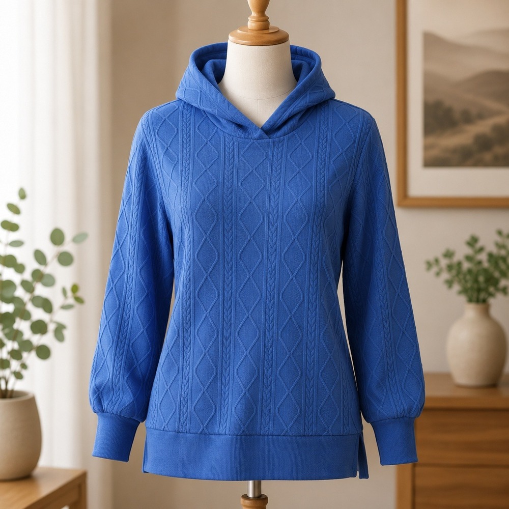 Belle by‎ Kim Gravel Cable Knit Jacquard Hoodie Womens XS Blue Pullover Sweater